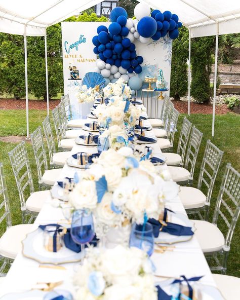 Happy Happenings Designs LLC on Instagram: ““50 Shades of Blue” Graduation Party! 💙🎓   Fabulous at home small celebration exquisitely planned & styled by @harbeevents . . . #HHblooms…” Blue Graduation Decorations, Blue Party Themes, 70th Birthday Ideas For Mom, Grad Party Theme, Blue Graduation Party, 80th Birthday Party Decorations, Floral Graduation Party, Graduation Party Table, Graduation Party Cake