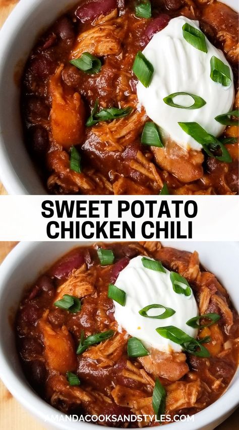 Sweet Potato Chicken Chili Crockpot, Paleo Chicken Crockpot Recipes, Crockpot Chicken And Sweet Potatoes, Crockpot Chicken Sweet Potato, Chicken Sweet Potato Crockpot, Sweet Potato Chili Crockpot, Sweet Potato Beans, Recipes With Sweet Potatoes, Crock Pot Sweet Potatoes