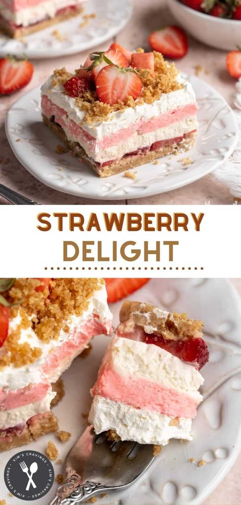 No-Bake Strawberry Delight is a gorgeous layered dessert that's sure to impress! With layers of fresh strawberries and a creamy filling over a buttery graham cracker crust, it's the perfect easy summer dessert for any occasion. Strawberry Jello Dessert, Graham Cracker Dessert, Oreo Delight, Cracker Dessert, Ice Box Cakes, Pistachio Dessert, Savory Dessert, Easy Summer Dessert, Jello Salads