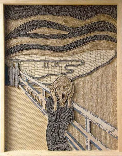 Cardboard Relief, Scream Art, Repurposed Art, Cardboard Sculpture, Trash Art, The Scream, Edvard Munch, Art Parody, Cardboard Art