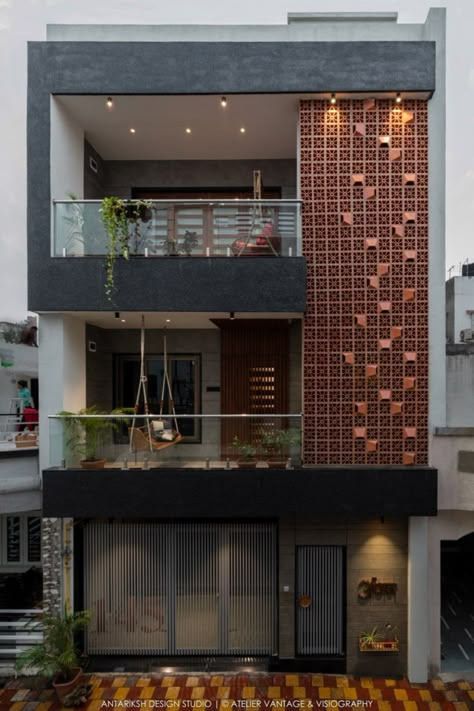 Bungalow Elevation is a Play Of Patterns and Textures | ANTARIKSH DESIGN STUDIO - The Architects Diary 3 Storey House Design, Modern Bungalow Exterior, House Outer Design, Modern Exterior House, Small House Front Design, Small House Elevation, Small House Elevation Design, Small House Design Exterior, Bungalow Exterior