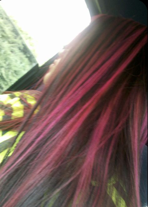 Coloured Streaks In Hair Brown, Pink Hair With Black Streaks, Pink Skunk Highlights In Brown Hair, Fushia Highlights, Hot Pink Hair Highlights, Pink Skunk Highlights, Hot Pink And Brown Hair, Hot Pink Hair Streaks, Hot Pink Highlights In Black Hair