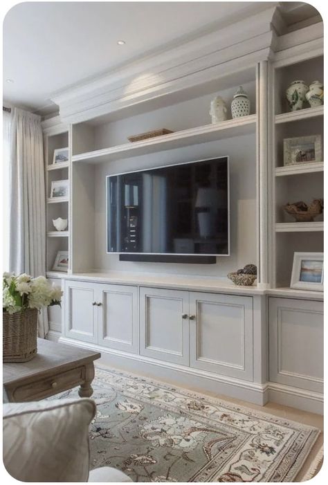 Tv In Family Room Ideas, Living Rooms With Built Ins, Big Tv Room Ideas, Built In Shelves Living Room Around Tv, Interior Design Storage Ideas, Entertainment Center On Vaulted Wall, Tv With Cabinet Below, Long Wall With Tv, Great Room Tv Wall