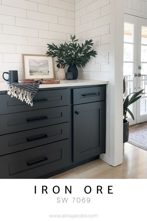 Iron Ore Kitchen Cabinets Iron Ore Vs Tricorn Black, Allisa Jacobs, Best Neutral Paint Colors, Painted Cabinets, Black Kitchen Cabinets, Kitchen Design Inspiration, Dream Property, Kitchen Remodel Before And After, Iron Ore