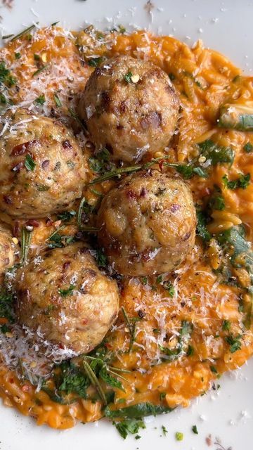 Baked Rosemary Chicken Meatballs With Tomato Orzo, Rosemary Chicken Meatballs, Baked Rosemary Chicken, Creamy Tomato Orzo, 2023 Meals, Tomato Orzo, The Original Dish, Food Dolls, Winter Dinner Recipes