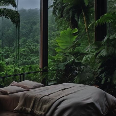 "Embrace the beauty of nature from the comfort of your own tranquil bedroom 🌿🌧️ Unmade bed, soft linens, and lush greenery create the perfect oasis for relaxation 💤 Feel like you're on an Instagram adventure for couples with panoramic views and serene rain showers 📸 Let the peaceful ambiance of this space transport you to a refreshing escape from the everyday hustle and bustle ✨ Come unwind and recharge in this natural haven that blends indoor comfort with the great outdoors 🌿" Dark Rainforest, Rainforest Aesthetic, Space Transport, Unmade Bed, Tranquil Bedroom, Lush Greenery, Aesthetic Room, Great Outdoors, The Great Outdoors