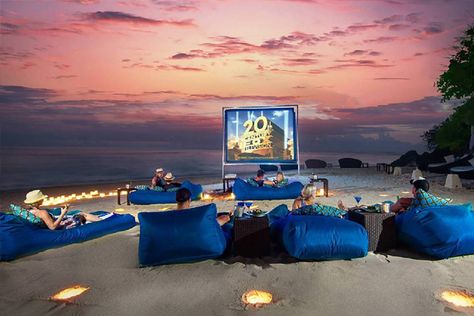 Karma Kandara, Bali    open air cinema at the beach - only one of the many activities this luxurious Hotel Resort in Bali offers Sunsets Over The Ocean, Resort In Bali, Playa Ideas, Luxury Beach Villa, Open Air Cinema, Voyage Bali, Luxury Beach Resorts, Bali Beach, Outdoor Cinema