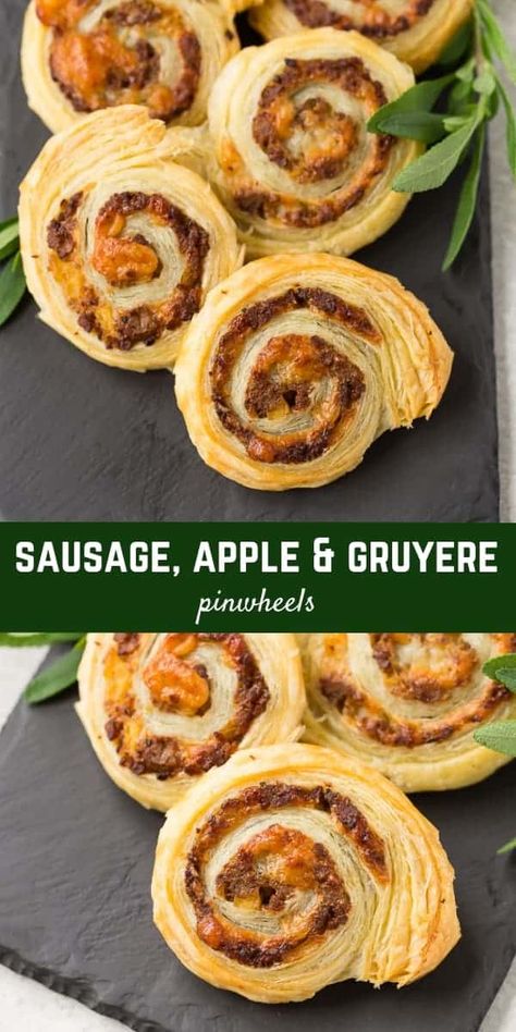 Sausage Pinwheels, Fall Appetizers Easy, Puff Pastry Pinwheels, Fall Appetizer, Sausage Appetizers, Pinwheel Appetizers, Sage Sausage, Fall Appetizers, Easy Puff Pastry