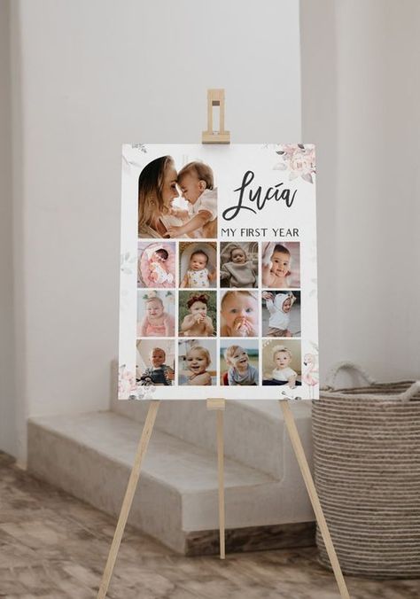 Modern 1st Birthday Photo Collage Sign 12 Month Photo Collage - Etsy 1st Birthday 12 Months Of Pictures, 12 Month Birthday Board, 12 Months Baby Pictures Ideas, 12 Month Photo Display, First Year Photo Board, 1st Birthday Photo Collage, 12 Month Photos, Bday Themes, Birthday Photo Collage