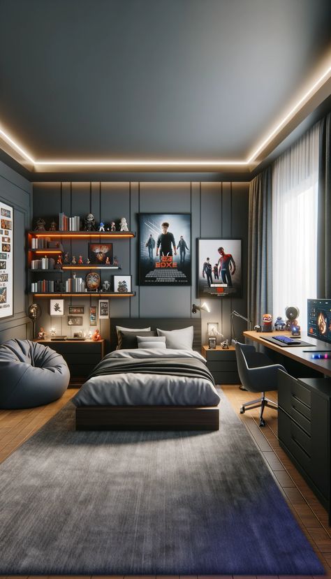 🏠 Transform Your Teen's Space: 21 Epic Teenage Male Bedroom Decorating Ideas! 🚀 Teenage Room Decor Boy Small Bedroom Ideas, Grey Teenage Boys Room, Room Design For Boys, Teenager Bedroom Boy Modern, Boy Room Ideas Teenagers, Teenage Boys Room Ideas, Teenager Room Ideas For Boys, Teenager Boy Room, Room With Black Accents