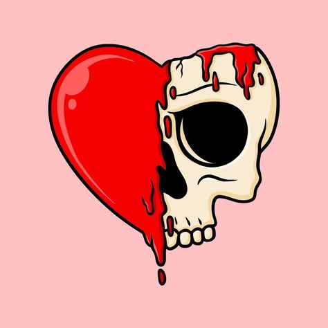 Soulmate Illustration Art, Creative Vector Art, Heart Melting Drawing, Gothic Pop Art, Cute Skull Illustration, Heart Cartoon Drawing, Cute Skull Drawing, Cute Valentines Drawings, Heart Canvas Painting Ideas