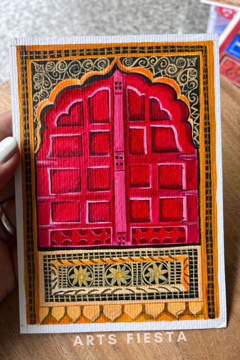 Rajasthan jharokha 2 inspired by jaipur, the pink city of Rajashtan. The acrylic paper painting is made by Parikshita Jain available on artsfiesta.com Rajasthani Fort Paintings, Jaipur Painting Canvas, Rajasthan Architecture Sketches, Jaipur Painting Art, Rajasthani Art Paintings Canvases, Abstract Folk Art, Rajasthan Jharokha, Rajasthani Art Paintings, Rajasthani Folk Art Painting