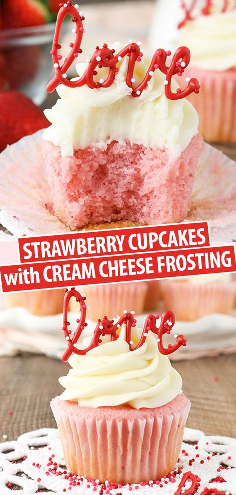 These Strawberry Cupcakes with Cream Cheese Frosting are perfect! So moist and fluffy! And they are an amazing copy of one my favorite cupcakes! Strawberry Cupcakes With Cream Cheese, Cupcakes Amor, Strawberry Cupcake Recipes, Life Love And Sugar, Cupcakes Strawberry, Cupcake Cream, Strawberry Cupcake, Cupcakes With Cream Cheese Frosting, Easy Cupcakes