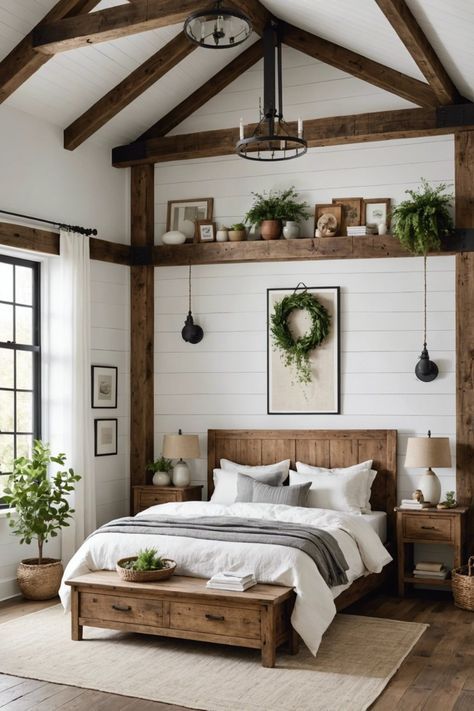 Bedroom With Natural Wood Furniture, Modern White Bedroom Ideas, Bedroom Set Ideas, Room Decor Western, Shiplap Ideas, Walnut Bedroom Furniture, Modern White Bedroom, Bedroom Interior Ideas, Rustic Farmhouse Bedroom