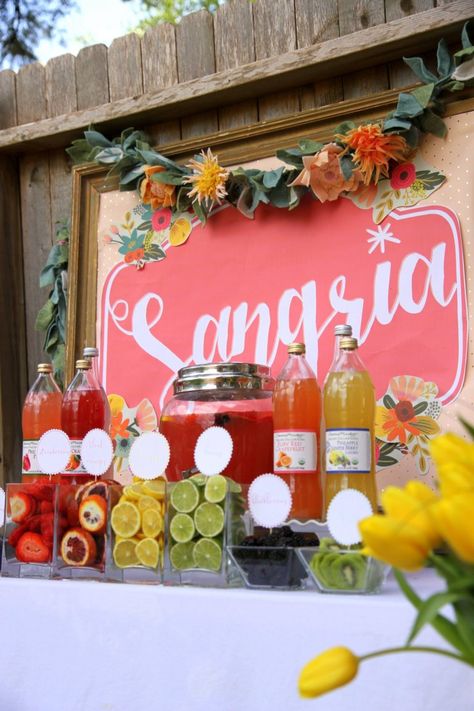 Sangria Bar- the prettiest drink station for summer parties, showers, and weddings Sangria Themed Party, Fiesta Bridal Shower Food, 60th Birthday Summer Theme, Sangria Bar Ideas, Spanish Themed Bridal Shower Ideas, Spanish Engagement Party, Sangria Station, Fiesta Bridal Shower Decorations, Fiesta Bridal Shower Ideas