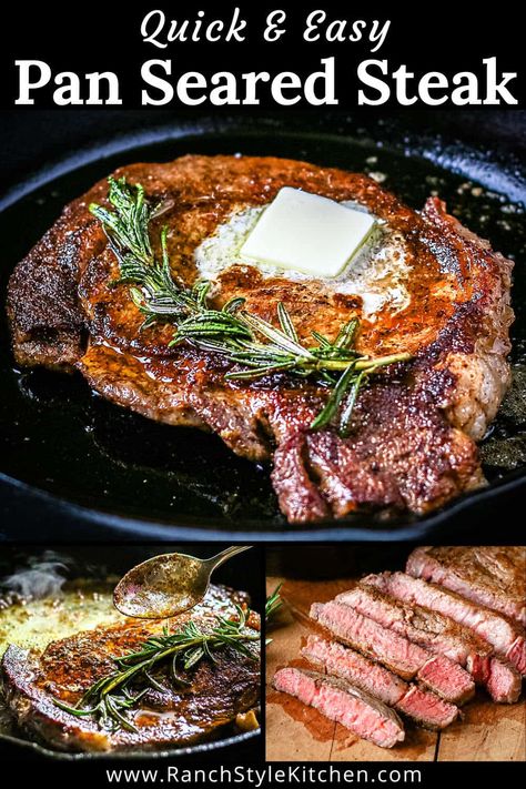 Pan Seared Steak Recipe Pan Seared Steak can be incredibly juicy, tender, and full of flavor! Infused with butter and herbs, this cast iron steak recipe is the best way to achieve steakhouse flavor right from your own stovetop! by @ranchstylekitchen Stovetop Steak, Steak Recipes Pan, Ribeye Recipe, Nice Meals, Steak On Stove, Flat Iron Steak Recipes, Cast Iron Skillet Recipes Dinner, Steak Ribeye, Beef Ideas