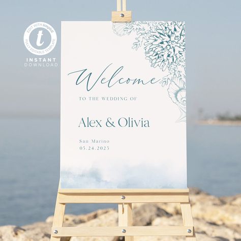 Excited to share the latest addition to my #etsy shop: Beach Ocean Wedding Welcome Sign Template, Summer Ocean Wedding Sign Printable, Fully Editable, Templett Template WI0024 https://etsy.me/3o9Tybq #blue #wedding #white #beachtropical #instantdownload #welcomesignwed Hampton Wedding, Outdoor Beach Wedding, Ocean Wedding, Welcome Boards, Event Template, Summer Ocean, Welcome Board, Welcome Sign Template, Coastal Wedding