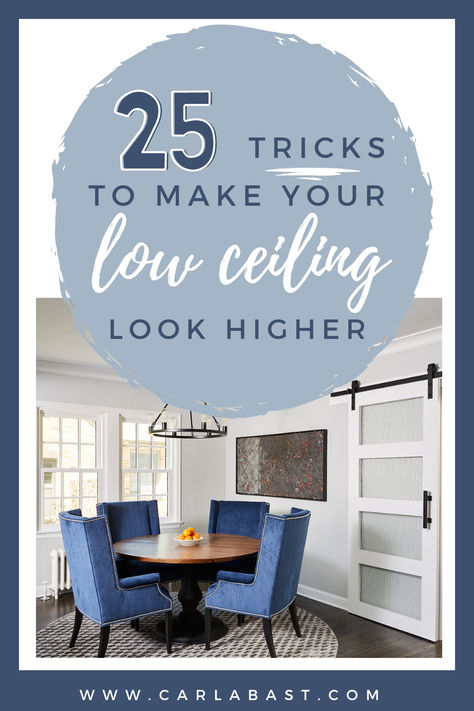 Dreaming of lofty ceilings? These 25 expert design tips and tricks to make your low ceiling look higher will help you achieve the look without any major renovations. Create the look of a high ceiling living room with top low ceiling ideas. Low ceiling attic bedroom ideas. Low ceiling basement ideas. Rooms With Blue Ceilings, The Ceiling Design Living Room, Low Ceiling Detail, 7ft Ceiling Ideas, Window Treatments For Low Ceilings, Coffered Ceiling For Low Ceilings, Living Room Inspiration Low Ceiling, Low Ceiling Home Ideas, Interior Design For Low Ceilings