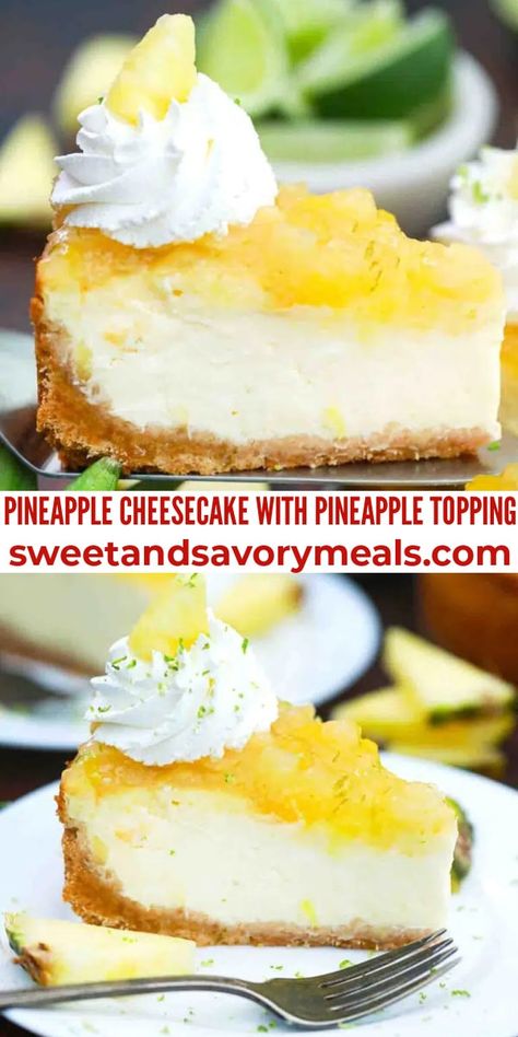 Pineapple Cheesecake Topping, Tropical Cheesecake Recipes, No Bake Pineapple Cheesecake Recipes, Pineapple Right Side Up Cheesecake, Pineapple Topping For Cheesecake, Tropical Pineapple Cheesecake Tart, Pineapple Cheesecake Dessert, Pineapple Cheesecake No Bake, Fruity Cheesecake Recipes