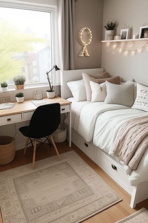 Teenage Desk Ideas, Decorating Small Bedrooms, Small Room Makeover, Bedroom Ideas For Small Rooms Cozy, Fall Bedroom Ideas, Dream Bedroom Inspiration, White Room Decor, Cozy Fall Bedroom, Small Bedrooms