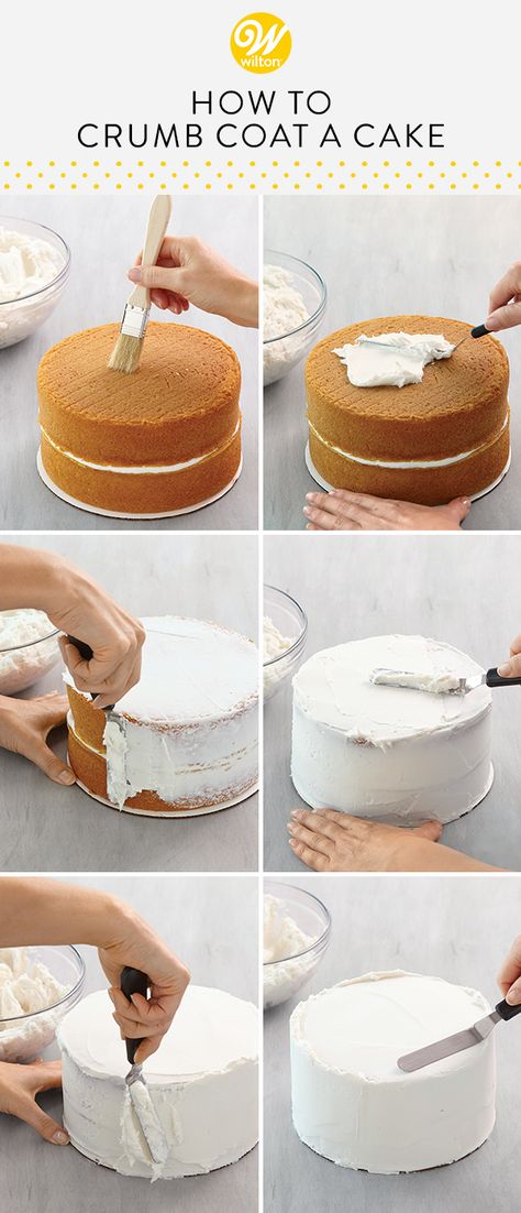 Getting a smooth finish on your fondant or buttercream cake is easier than you may think. All you need is a simple crumb coat. This often-omitted step is the key to professional results, even when you aren’t planning on a traditional fondant-covered cake. Read over our friendly guide, watch our helpful video, then… get ready to (c)rumble!!!! #wiltoncakes #blog #blogpost #blogger #cakedecorating #cakeideas #beginner #basic #simple #easy #homemade #baking #cakeideas #layercake #howto #tutorial Crumb Coating A Cake, Crumb Coat, Resipi Kek, Decorate A Cake, Cake Decorating For Beginners, Basic Cake, Cake Tips, Smooth Cake, Easy Cake Decorating