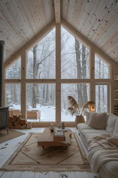 Minimalist Tiny House Interiors, Triangle Cabin Interior, Tiny Home Skylight, Chalet Home Interior, House In Woods Interior, Small Scandinavian House Interiors, Cabin Living Aesthetic, Log Cabin Scandinavian, Swedish Log Cabin