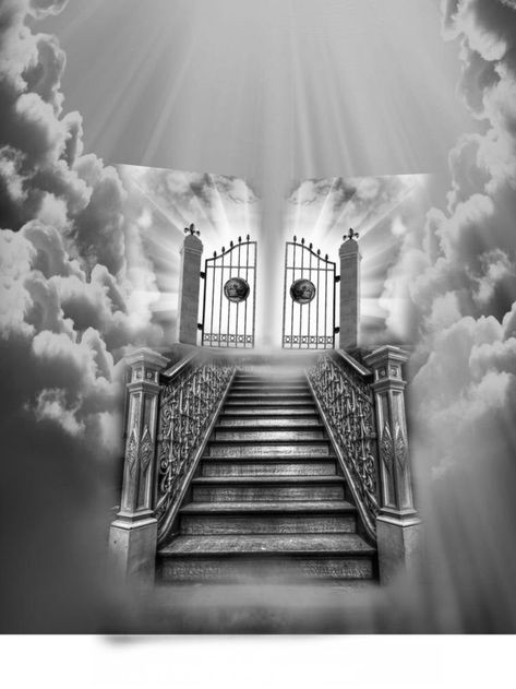 Stair Way To Heaven Tattoo, Gate Tattoo Design, Stairs Tattoo Design, Heavens Gate Tattoo, Stairway To Heaven Tattoo Design, Heaven Tattoo Ideas, Heavens Gates Tattoo Design, Arm Sleeve Tattoo For Men, Stairs To Heaven Tattoo