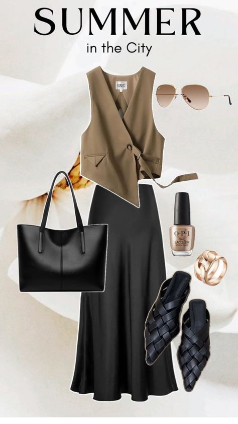 Satin A line skirt | Olive waistcoat | Tote bag | Woven flat sandal #summeroutfit #blackskirt #totebags #sandals #mules Mule Sandals Outfit, Rich Mom, Mom Era, Sandals Outfit, Mule Sandals, Line Skirt, Black Skirt, A Line Skirt, Mule