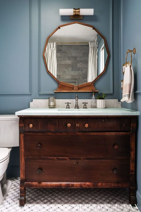 Want to turn a dresser into a vanity? Find out how to convert a vintage dresser into a bathroom vanity with this step by step tutorial! #diy #bathroominspo Dresser Sink Vanity, Diy Picture Frame Molding, Dresser Sink, Dresser Vanity Bathroom, Vintage Bathroom Vanity, Lake Bathroom, Diy Picture Frame, Bathroom Vanity Sink, Repurposed Dresser