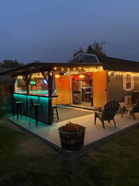 Bar Ideas For Outdoors, Backyard Patio With Bar, Shed Man Cave Ideas Backyards, Backyard For Entertainment, Bar In A Shed, Food Shed Ideas, Garage Into Bar Ideas, Outside Bars Ideas, Outdoor Shack Ideas