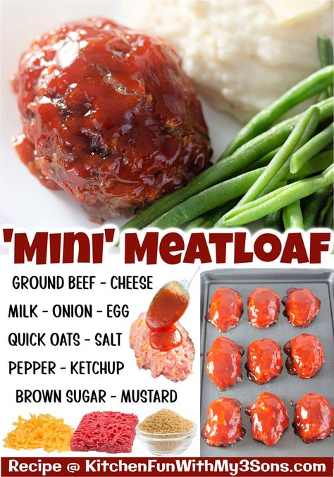 Cheesey Meatloaf, Meatloaf With Oats, Fun Food Ideas For Kids, Individual Meatloaf, Meatloaf Recipe With Cheese, Mini Meatloaf Recipe, Meatloaf Oatmeal Recipe, Meatloaf With Oatmeal, Mini Meatloaf Recipes