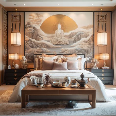 This zen bedroom design, with its striking Buddha mural and soothing natural elements, invites you to unwind and reconnect with your inner self. It's a perfect inspiration for creating a serene and balanced home environment. #LuxuryParentalRetreats #ZenInspiration #BalanceAndHarmony #TranquilDesign Buddha Bedroom, Zen Bedroom Design, Buddha Mural, Zen Bedroom, Adult Bedroom, Asian Inspiration, Inner Self, Home Environment, Style Japonais