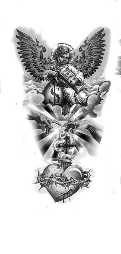 Black Angel Tattoo Design, Guardian Angel Tattoo Stencil, Angel Holding Money Bag Tattoo, Angel Drawing Tattoo, Realistic Tattoo Sleeve Men, Gangster Angel Tattoo, Chicano Tattoo Sketch, Angel With Money Bag Tattoo, Chicano Angel Tattoo