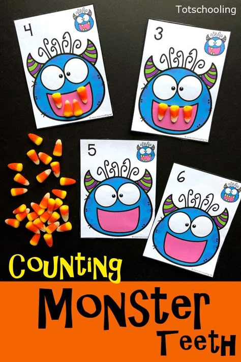 Halloween Kindergarten Reading Activities, Candy Corn Monster Craft, Pre K Halloween Math Activities, Monster Week Preschool, Candy Corn Math Activities, Monster Counting Activity, Halloween Math Activities Toddlers, Candy Corn Math Preschool, Monsters Theme Preschool