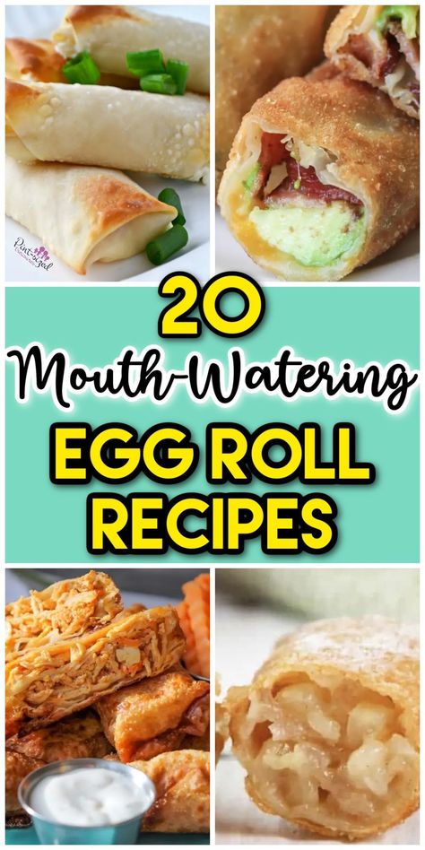 Looking for some mouthwatering egg roll recipes? These recipes are incredibly delicious! Savory and sweet egg roll recipes! These egg rolls are perfect as a side dish for dinner or almost any family gathering. Deconstructed Egg Rolls, Enchilada Egg Rolls, Egg Wrapper Recipes, Chicken And Cream Cheese Egg Rolls, Sweet Egg Roll Recipes, Fun Eggroll Recipes, Different Egg Rolls, Egg Roll Paper Recipes, Spaghetti Egg Rolls