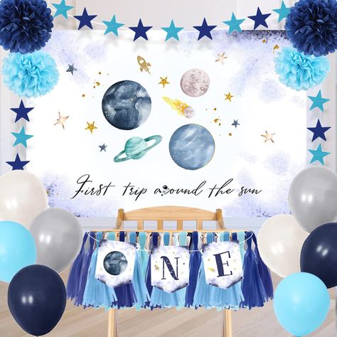 Birthday Party Space Theme, Birthday Party Space, Birthday Theme 4, Sun Birthday Party, 1st Trip Around The Sun, Outer Space Birthday Party, 1st Birthday Party Decor, Sunshine Birthday Parties, Space Party Decorations