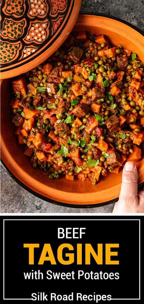 This recipe for beef tagine (or made in a Dutch oven) with sweet potatoes is a Moroccan dish flavored with preserved lemon and ras-el-hanout. Beef Tagine Recipes, Moroccan Beef Stew, Moroccan Tagine Recipes, Beef Tagine, Tajin Recipes, Moroccan Beef, Moroccan Stew, Tagine Cooking, Beef And Potato Stew