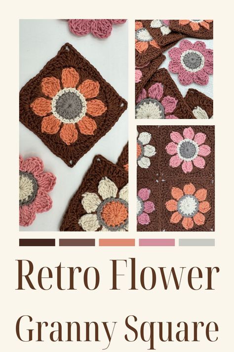 BROWN PINK AND ORANGE RETRO FLOWER CROCHET MOTIFS Crochet Retro Flower, Crochet Flower Granny Square Pattern Free, Plant Granny Square, Free Crochet Patterns Granny Squares, Crochet Flower Blanket Patterns, Retro Flower Granny Square, Flower Granny Square Pattern Free, Granny Square Flower Pattern, Granny Square Variations