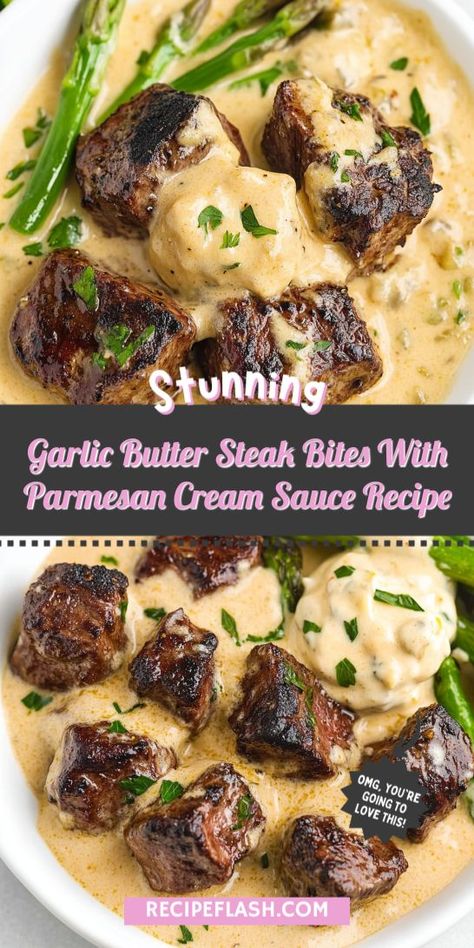 Want to impress your guests with a gourmet steak dinner? Garlic Butter Steak Bites with Parmesan Cream Sauce is a showstopper! Indulge in tender bites and creamy goodness that makes any meal special. Pin this recipe for a flavorful addition to your dinner rotation! Gourmet Steak Dinner, Parmesan Cream Sauce Recipe, Cheese Sauce For Steak, Juicy Steak Bites, Tender Steak Bites, Gourmet Steak, Sirloin Steak Recipes, Garlic Butter Steak Bites, Butter Steak Bites