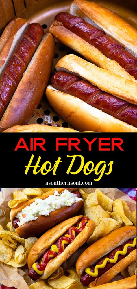 Make the VERY BEST hot dogs ever in the air fryer! Cooked in less than 10 minutes, these hot dogs are crispy on the outside, juicy on the inside, and nestled in a toasted bun. This fast, easy way to serve up a family favorite treat is great whether you are feeding a hungry family or a crowd. Air Fryer Hot Dogs, Fried Hot Dogs, Cooks Air Fryer, Air Fry Recipes, Best Air Fryers, Best Air Fryer, Hot Dog Recipes, Air Fryer Dinner Recipes, Easy Air Fryer