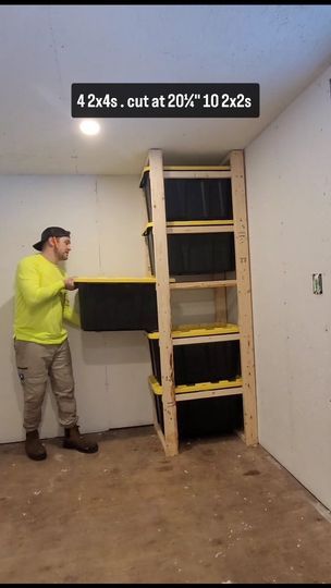 176K views · 2.2K reactions | DIY Tote Storage rack build for less then $50 in materials. Here is the full step by step tutorial to build your own tote storage rack for 102L or 27G totes.  #homerenos #hometips #diyprojects #diyproject #homemaintenance #storagesolutions #storagetips #storagehack #handymanservice #carpentryskills #renotips #woodworkforall #garagegoals #garagestorage #diybuild #carpentrywork #tooltiptuesday #homerenovation | Meyers.makes Tote Storage Rack, 27 Gallon Tote Storage Shelf Diy, Tote Storage Shelves Diy, Backstock Storage, Diy Tote Storage Rack, Building Storage Ideas, Cottage Storage, Basement Update, Diy Storage Containers