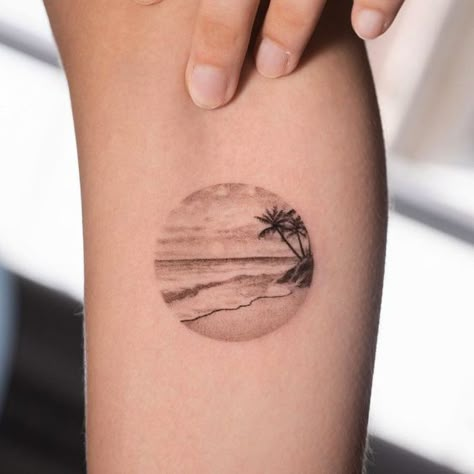 Discover 2024's Top 19 Beach Tattoo Ideas for Women: Embrace Coastal Vibes & Artistry Beach Wave Sunset Tattoo, Florida Outline Tattoo, Beach Landscape Tattoo, Small Beach Tattoo For Women, Beach Tattoo Ideas For Women, Beach Tattoo Design, Lake Tattoos, Beach Scene Tattoo, Beach Tattoos For Women