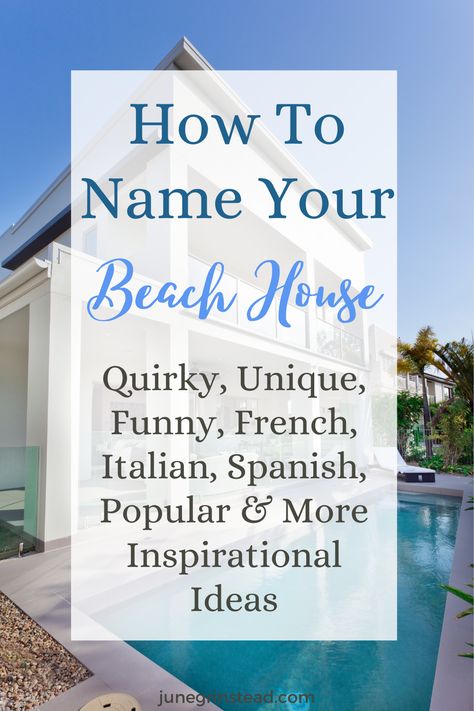 Quirky House Names, Unqiue House Names, Beach House Names, Funny House Names, Popular House Names Beach House Name Signs, Beach House Names Ideas Fun, Beach House Branding, Beach House Names Ideas, House Names Ideas Inspiration, Beach House Ideas Exterior, Beachfront House Exterior, Old Beach House Aesthetic, Beach House Landscaping Ideas