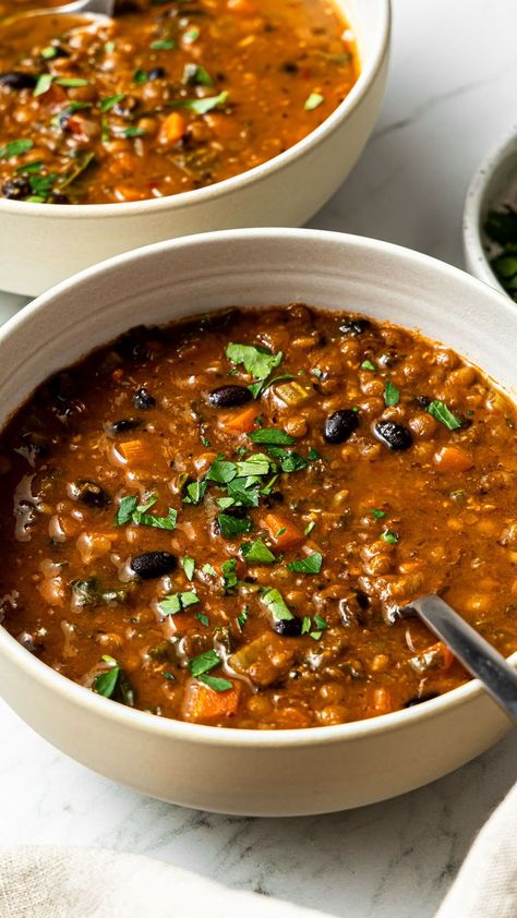 This black bean and lentil soup is packed with nourishing ingredients and is a must-make on cold days! It is perfect for loading up on nutritious vegetables, fiber, and protein. Plus, it's super flavorful and very easy to make. Lentil Black Bean Chili, Vegetable Soup Beans, Finish Food Recipes, Black Bean Mediterranean Recipes, Only Veggie Meals, Jewish Lentil Soup Recipe, Black Bean And Lentil Chili, Basic Lentil Soup, Harvest Lentil Soup