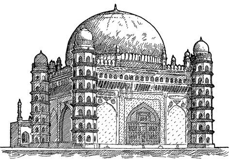 Historical Monuments Drawing, Indian Monuments Drawings, Indian Architecture Drawing, Indian Historical Monuments, Monuments Drawing, Gol Gumbaz, Unique Buildings Architecture, Human Features, Architect Student