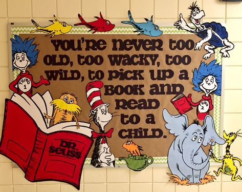 Prek Reading Bulletin Boards, Disney Themed Reading Bulletin Board, Dr Seuss Reading Bulletin Board, Book Week Bulletin Board Ideas, Dr Seuss Library Ideas, Bulletin Board About Reading, Dr Suess Bulletin Board Ideas Preschool, Dr Seuss Bulletin Board Ideas Preschool, Dr Suess Bulletin Board Ideas Toddlers