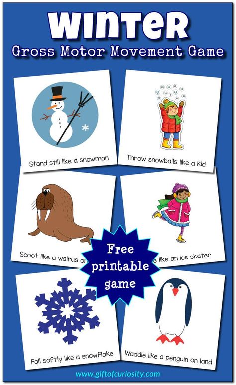 Winter Gross Motor Movement Game | Winter indoor activity | Rainy days | Snowy days | Movement break for kids | Free printable || Gift of Curiosity Winter Gross Motor, Winter Theme Preschool, Winter Activities Preschool, Snow Theme, Winter Classroom, Winter Kindergarten, Winter Activities For Kids, Valentine's Day Crafts For Kids, Gross Motor Activities