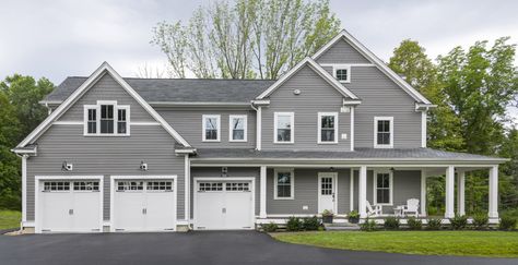 Stately Farmhouse Colors | Farmhouse Exterior Style Gallery | Behr Colonial House Colors, Siding Colors For Houses, Farmhouse Exterior Colors, Exterior Paint Color Combinations, Exterior Gray Paint, Farmhouse Colors, Exterior Paint Schemes, Doors And Trim, Gray House Exterior