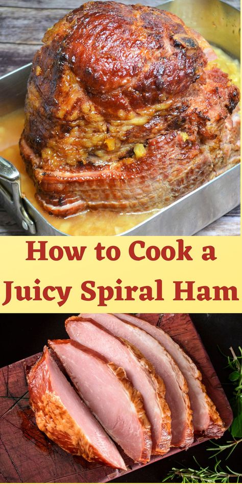 If you've ever had dry spiral ham, you know how important it is to know how to heat a precooked ham. Ham should be moist, tender and succulent not dry and overcooked. Since ham is precooked, reheating it just right can be a bit tricky. This pineapple glazed spiral ham recipe is simple yet flavorful. This hands off method gives you more time to spend with your friends and family. Serve Spiral Ham for Easter or Christmas your guests will love. Click to get the recipe. #spiralham #pinappleham Spiral Cut Ham In Oven, How To Cook A Precooked Ham In Oven, Spiral Ham On Pellet Grill, Boneless Spiral Ham, Spiral Ham In Oven, Ham Dinner Ideas, Easter Ham Recipes, Glazed Spiral Ham, Baked Spiral Ham