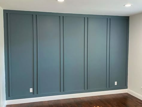 Accent wall with moldings, blue wall Slate Blue Accent Wall Bedroom, Teal Board And Batten Wall, Tiffany Blue Accent Wall, Slate Blue Accent Wall, Gray Blue Accent Wall, Boy Room Accent Wall Ideas, Dusty Blue Accent Wall, Accent Wall For Boys Bedroom, Blue Green Accent Wall